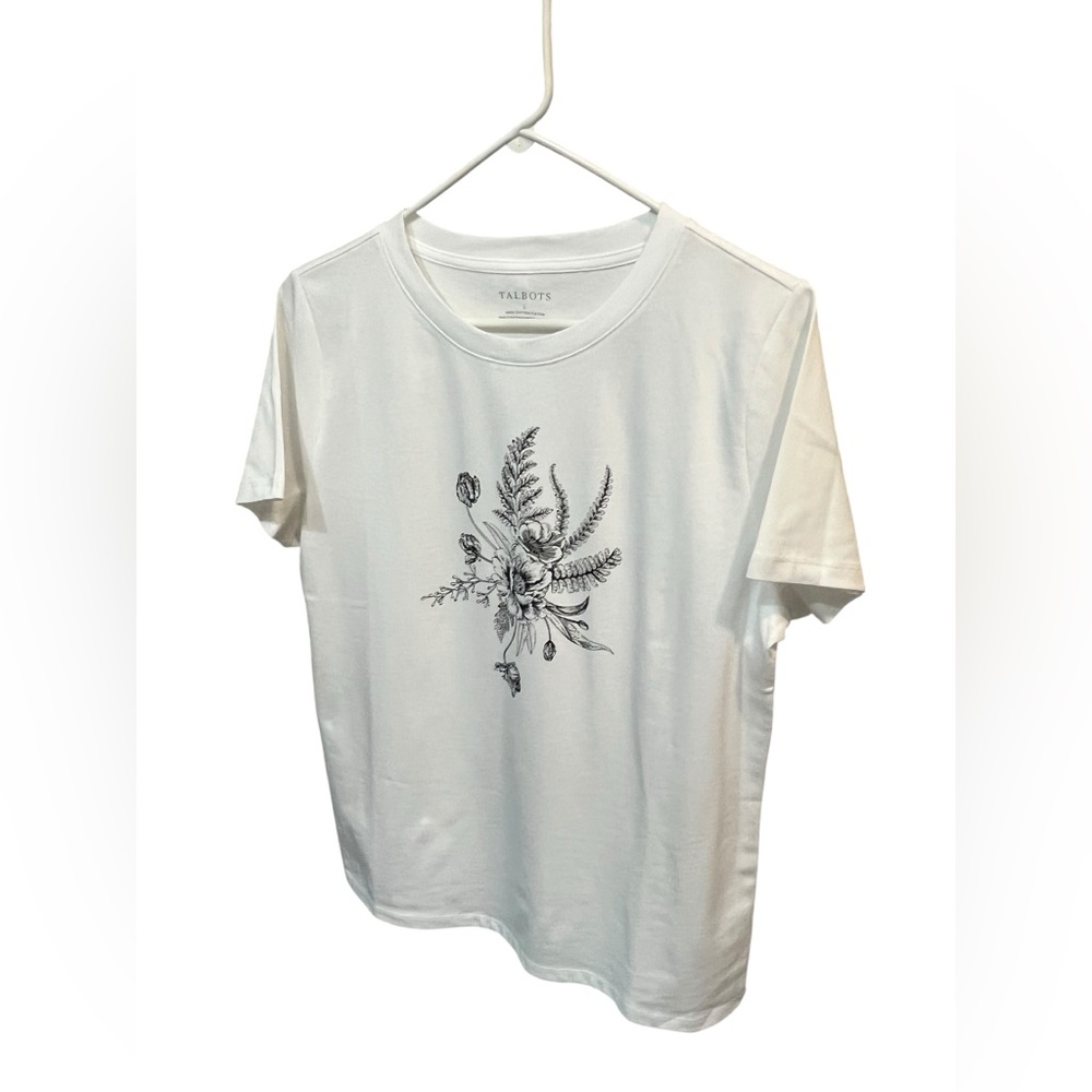 NWT Talbots White Crewneck T-Shirt w/Black Flower Design - Large - Picture 5 of 7